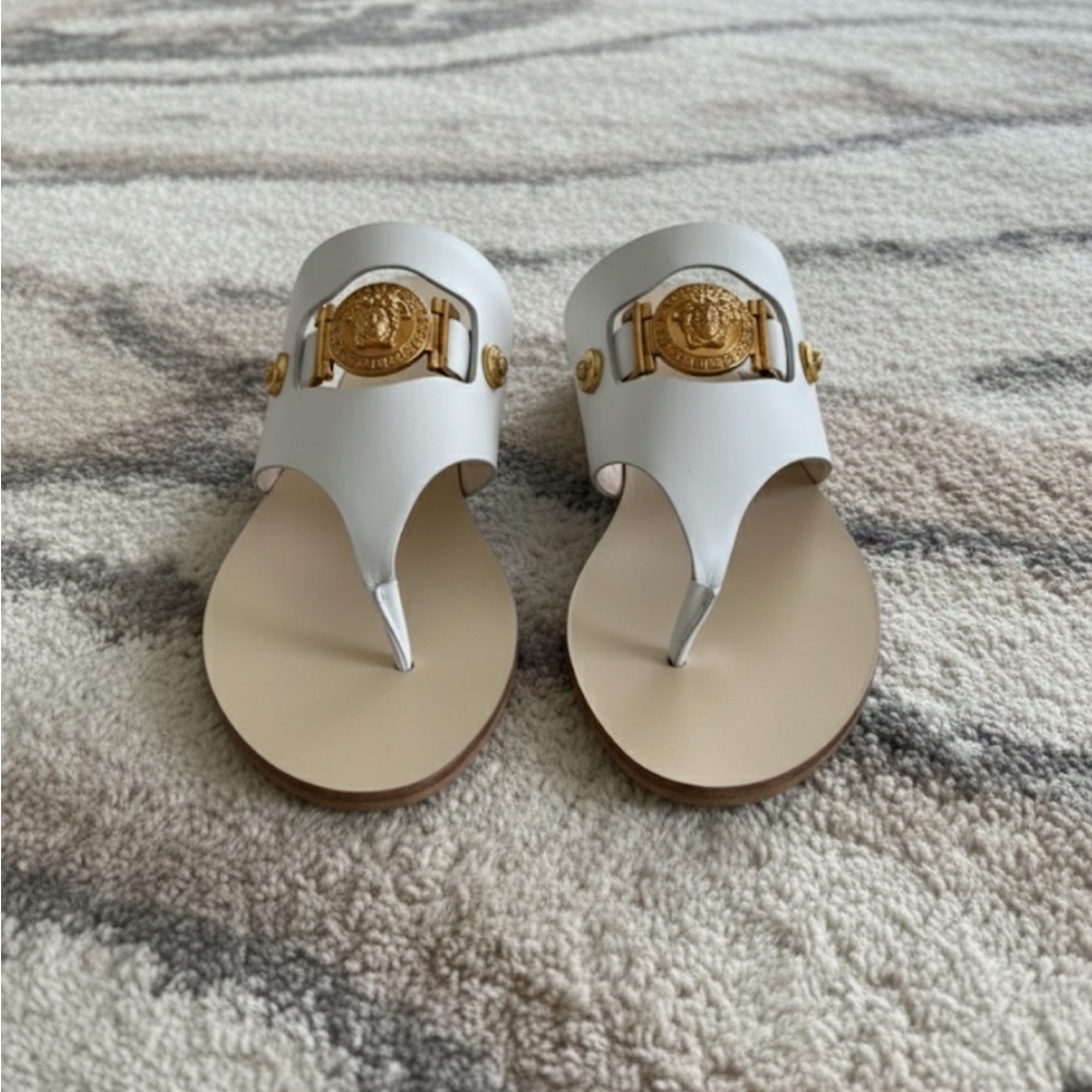 Versace White Leather & Gold Crest Women's Sandals